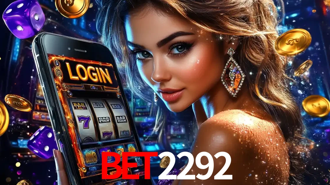 Mulher glamorosa segurando um smartphone com a tela de login para os jogos de caça-níqueis do cassino online bet2292, com moedas de ouro e dados ao redor.