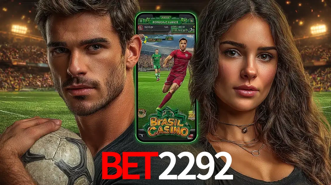Homem segurando uma bola de futebol e uma mulher ao lado de um smartphone exibindo o jogo de apostas esportivas da bet2292. Faça seu palpite no cassino online.